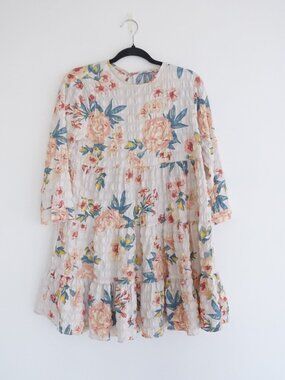 Zara White Floral Textured Smocked Tiered Mini Dress 3/4 Sleeve Summer S
